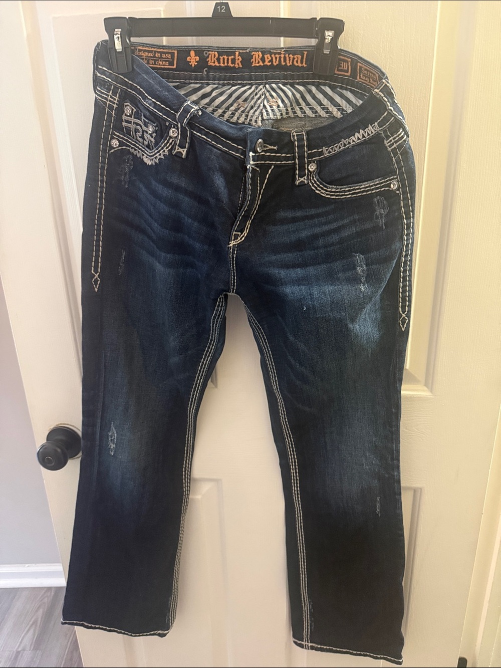 Rock Revival Women's Dark Blue Boot Cut Jeans with Contrast Stitching